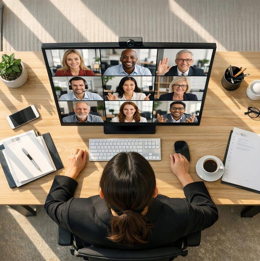 video conference, home office, desk, computer monitor, video call, employee, office work, laptop, coffee cup, potted plant, telephone, internet connection, technology, communication, business, remote work, office equipment, workspace, office environment, meeting, online service